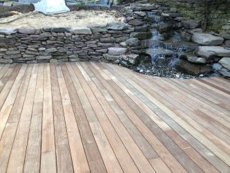 Pondless waterfall with deck